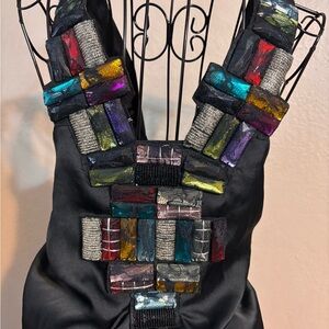 Black Satin Jumpsuit with Multicolor Beaded Detail